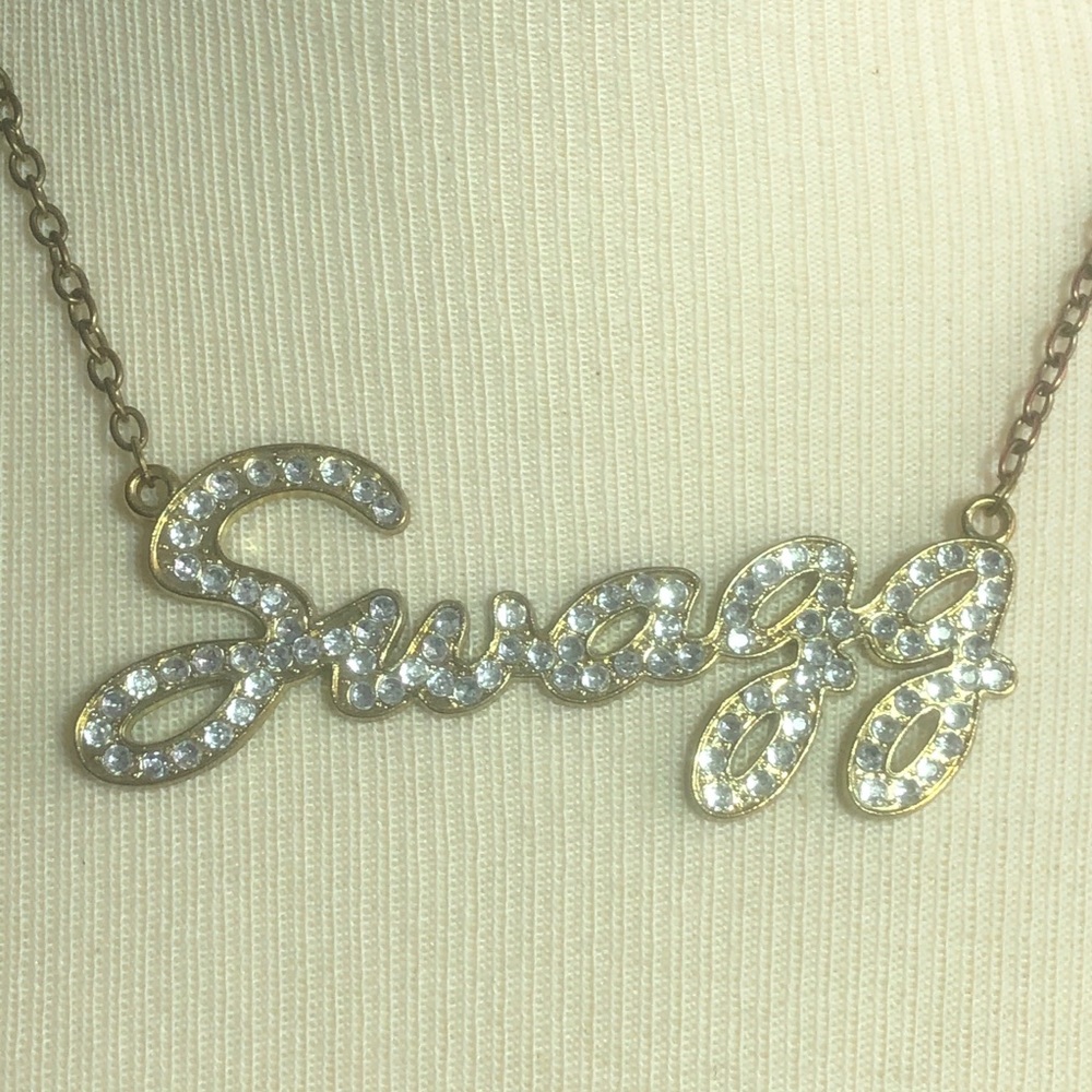 “Swagg” gold tone and rhinestone necklace 20” - Picture 2 of 4